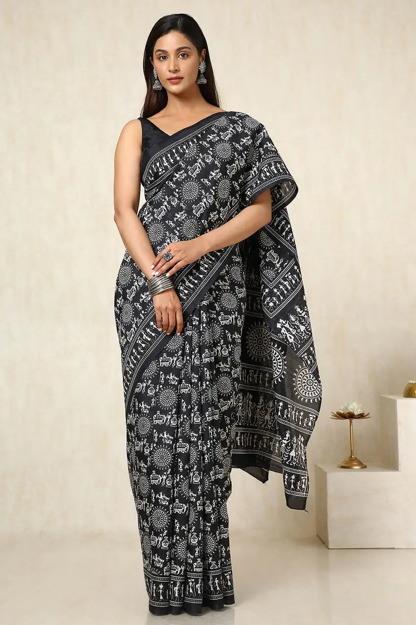 Black Warli Print Art Silk Saree